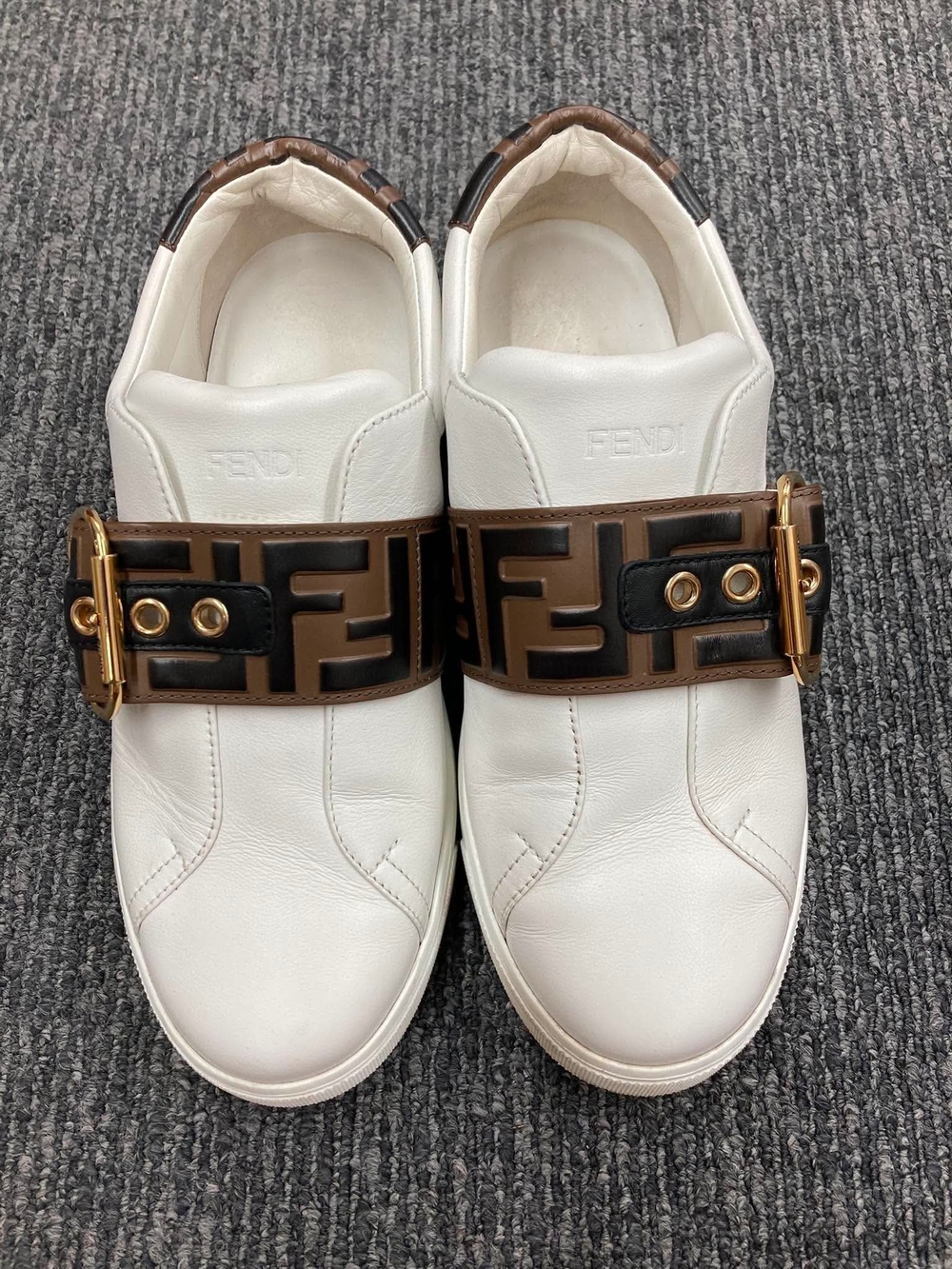 Fendi White Leather Slip-On Sneakers with Brown and Black FF Strap
